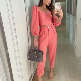 Spring Autumn Short Top Trousers 2 Piece Set Women Casual Sportswear Suit Square Collar Slim Fit Loose Solid Fashion Streetwear (Color: Pink, size: S)