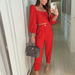 Spring Autumn Short Top Trousers 2 Piece Set Women Casual Sportswear Suit Square Collar Slim Fit Loose Solid Fashion Streetwear (Color: Red, size: Xxl)