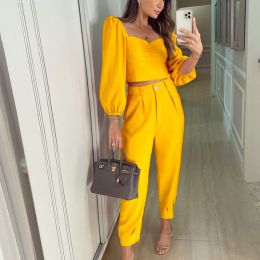 Spring Autumn Short Top Trousers 2 Piece Set Women Casual Sportswear Suit Square Collar Slim Fit Loose Solid Fashion Streetwear (Color: Yellow, size: Xxl)