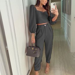 Spring Autumn Short Top Trousers 2 Piece Set Women Casual Sportswear Suit Square Collar Slim Fit Loose Solid Fashion Streetwear (Color: Black, size: L)
