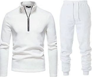 Men's Casual Two-Pieces Suits Zipper Placket Stand Collar Coats Solid Color Jackets + Pants Sets Sportswears (Color: White-S)