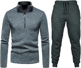 Men's Casual Two-Pieces Suits Zipper Placket Stand Collar Coats Solid Color Jackets + Pants Sets Sportswears (Color: Dark Gray-L)