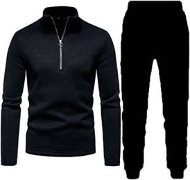Men's Casual Two-Pieces Suits Zipper Placket Stand Collar Coats Solid Color Jackets + Pants Sets Sportswears (Color: Black-Xl)