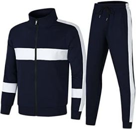 Men's Athletic Casual Tracksuit Long-sleeved Stand Collar Jacket Jogging Pants Set (Color: Navy-L)