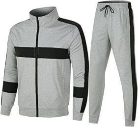 Men's Athletic Casual Tracksuit Long-sleeved Stand Collar Jacket Jogging Pants Set (Color: Gray-L)