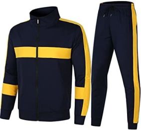 Men's Athletic Casual Tracksuit Long-sleeved Stand Collar Jacket Jogging Pants Set (Color: Yellownavy-L)
