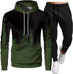 Men's Sweatshirt Tracksuit Pullover Hoodie Jogging Pants 2 Pieces Set (Color: Green-L)