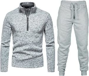 Men's Casual Two-Pieces Suits Zipper Placket Stand Collar Coats Solid Color Jackets + Pants Sets Sportswears (Color: Light Gray-Xl)