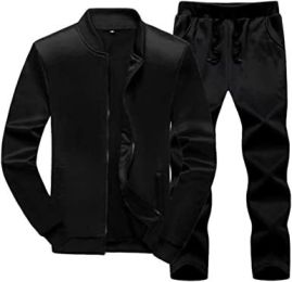 Men's Sports and Leisure Two-pieces Suits Loose Outfits Round Neckline Sweaters and Pants Sets (Color: Black-S)