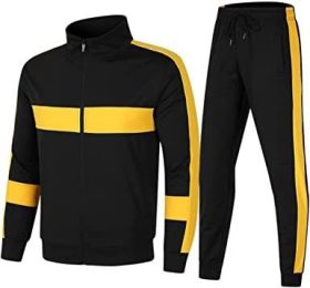 Men's Athletic Casual Tracksuit Long-sleeved Stand Collar Jacket Jogging Pants Set (Color: Yellowblack-Xl)