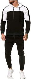 Men's Hooded Sweater Tracksuit Sports Casual Colorblock Sweater Jogger Pants 2-piece Set (Color: Black-Xl)