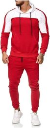 Men's Hooded Sweater Tracksuit Sports Casual Colorblock Sweater Jogger Pants 2-piece Set (Color: Red-S)