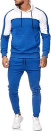 Men's Hooded Sweater Tracksuit Sports Casual Colorblock Sweater Jogger Pants 2-piece Set (Color: Blue-M)