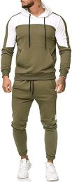 Men's Hooded Sweater Tracksuit Sports Casual Colorblock Sweater Jogger Pants 2-piece Set (Color: Green-S)