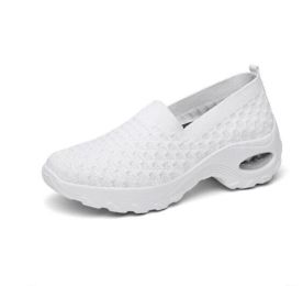 Slip On Mesh Walking Shoes Sneakers Wedge Platform (Color: White, size: 7)