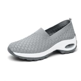 Slip On Mesh Walking Shoes Sneakers Wedge Platform (Color: Gray, size: 7)