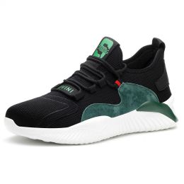 Four Seasons Men Women Work Protection Safety Shoes Fly Weaving Mesh Breathable Anti-smashing Anti-piercing PU Sole High Quality (Color: Black Green, size: 43)