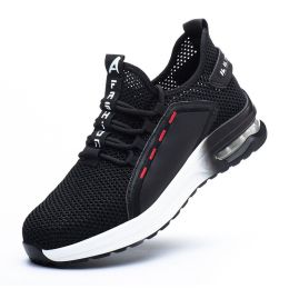 Spring Summer Autumn Men Women Work Protection Safety Shoe Air Cushion Big Mesh Fly Woven Breathable Anti-smashing Anti-piercing (Color: Black White, size: 43)