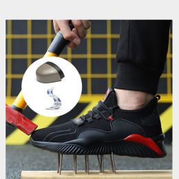 Four Seasons Men Women Work Protection Safety Shoes Fly Weaving Mesh Breathable Anti-smashing Anti-piercing PU Sole High Quality (Color: Black Red, size: 45)
