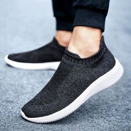 Men Boys Flying Woven Sneakers Slip-on Light Running Casual Socks Shoes Breathable Comfortable Wear-resistant Outdoor Sport New (Color: Black, size: 42)