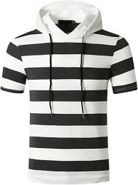 Men's New Muscle T-Shirt Gym Hooded Sports Short Sleeve Striped Slim T-Shirt (Color: Dark Gray-Xl)