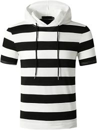 Men's New Muscle T-Shirt Gym Hooded Sports Short Sleeve Striped Slim T-Shirt (Color: Black-Xl)