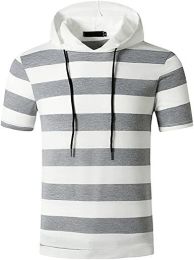 Men's New Muscle T-Shirt Gym Hooded Sports Short Sleeve Striped Slim T-Shirt (Color: Light Gray-L)