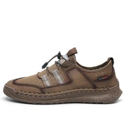 Spring Summer Leather Mesh Casual Shoes Men Slip on Elastic Band Low Top Sneaker Fashion Round Toe Solid High Quality Breathable (Color: Khaki, size: 42)