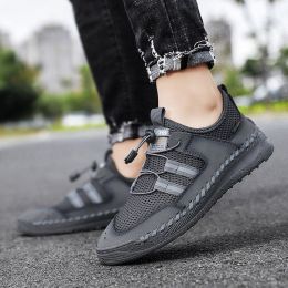 Spring Summer Leather Mesh Casual Shoes Men Slip on Elastic Band Low Top Sneaker Fashion Round Toe Solid High Quality Breathable (Color: Gray, size: 38)