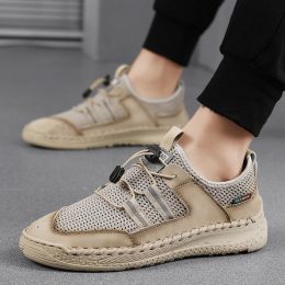 Spring Summer Leather Mesh Casual Shoes Men Slip on Elastic Band Low Top Sneaker Fashion Round Toe Solid High Quality Breathable (Color: Beige, size: 40)