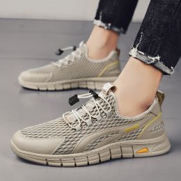 Spring Summer Leather Mesh Casual Shoes Men Slip on Elastic Band Low Top Sneaker Hollow Round Toe Solid High Quality Breathable (Color: Khaki, size: 40)