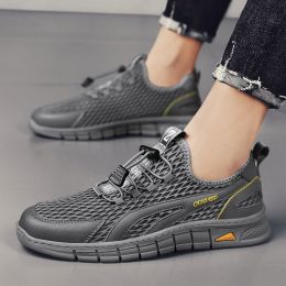 Spring Summer Leather Mesh Casual Shoes Men Slip on Elastic Band Low Top Sneaker Hollow Round Toe Solid High Quality Breathable (Color: Gray, size: 42)