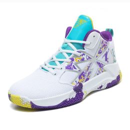 Basketball shoes men's mesh breathable sports shoes non-slip wear-resistant men's shoes student youth running shoes (Color: White Purple, size: 36)