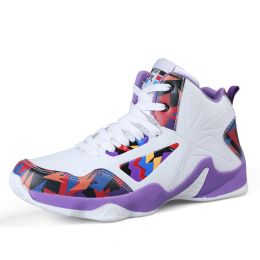 New High-top Basketball Shoes Men Outdoor Sneakers Men Wear Resistant Air Cushioning Shoes Breathable Sport Shoes Unisex (Color: White Purple, size: 45)