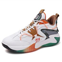 New fashion basketball shoes men's wear-resistant non-slip sports shoes men's outdoor breathable comfortable sports shoes men (Color: White Orange, size: 44)