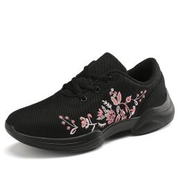 Embroidered Mesh Lace Up Sneakers (Color: Black, size: 8.5)