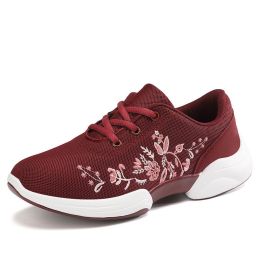 Embroidered Mesh Lace Up Sneakers (Color: Red, size: 8.5)
