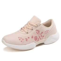 Embroidered Mesh Lace Up Sneakers (Color: Pink, size: 8)
