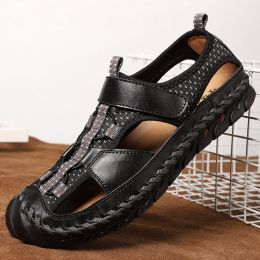 Summer Mesh Leather Sandals Men Plus Size Outdoor Sport Casual Outer Wear Elastic Band Beach Shoes Breathable Cool Vintage Color (Color: Black, size: 48)