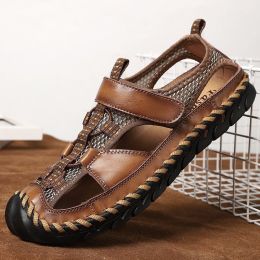 Summer Mesh Leather Sandals Men Plus Size Outdoor Sport Casual Outer Wear Elastic Band Beach Shoes Breathable Cool Vintage Color (Color: Brown, size: 47)