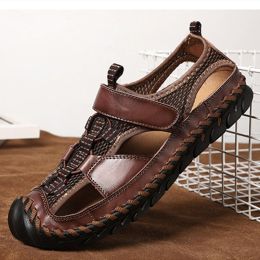 Summer Mesh Leather Sandals Men Plus Size Outdoor Sport Casual Outer Wear Elastic Band Beach Shoes Breathable Cool Vintage Color (Color: Dark Brown, size: 38)
