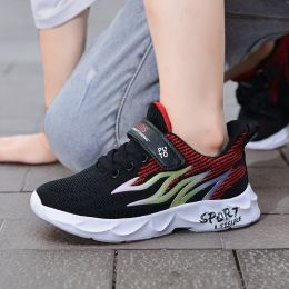 Kids Flying Woven Mesh Casual Shoes Sneakers Student Spring Summer Autumn New Fashion Boy Girl Light Breathable Middle Big Child (Color: Black Blue, size: 26)