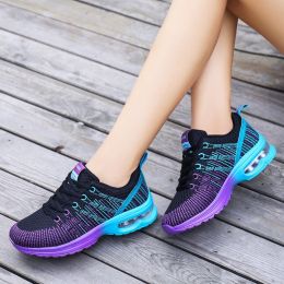 Casual Mesh Shoes Women Outdoor Breathable Soft Comfortable Fashion Jogging Fitness Running Colorful Air Cushion Sneakers Female (Color: Black Purple, size: 42)