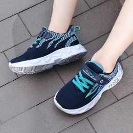 Kids Flying Woven Mesh Casual Shoes Sneakers Student Spring Summer Autumn New Fashion Boy Girl Light Breathable Middle Big Child (Color: Black Blue, size: 38)