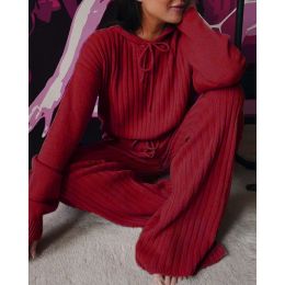 Spring Autumn Knitted Hoodie Pullover Trousers 2-piece Set Women Vintage New Vertical Stripes Loose Casual Sweater Suit Red Blue (Color: Wine Red, size: Xl)