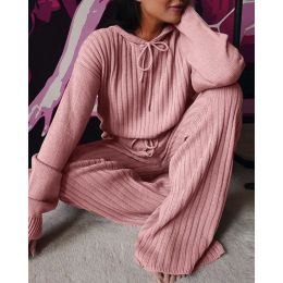 Spring Autumn Knitted Hoodie Pullover Trousers 2-piece Set Women Vintage New Vertical Stripes Loose Casual Sweater Suit Red Blue (Color: Pink, size: Xxl)