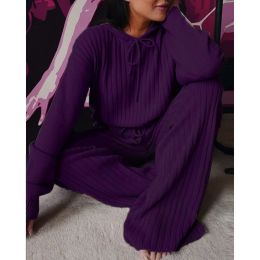 Spring Autumn Knitted Hoodie Pullover Trousers 2-piece Set Women Vintage New Vertical Stripes Loose Casual Sweater Suit Red Blue (Color: Purple, size: Xxl)