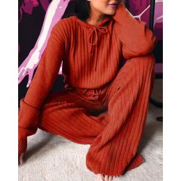 Spring Autumn Knitted Hoodie Pullover Trousers 2-piece Set Women Vintage New Vertical Stripes Loose Casual Sweater Suit Red Blue (Color: Orange, size: M)