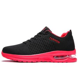 Running Shoes New Cheap Mesh Breathable Unisex Air Sole Women Sports Shoes Lace-up Men Outdoor Sneakers Walki (Color: Black Red, size: 41)