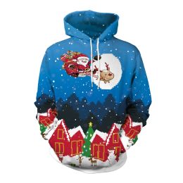 New Christmas Women and Men Youth Digital Print Hooded Sweater (Color: Blue, size: M)
